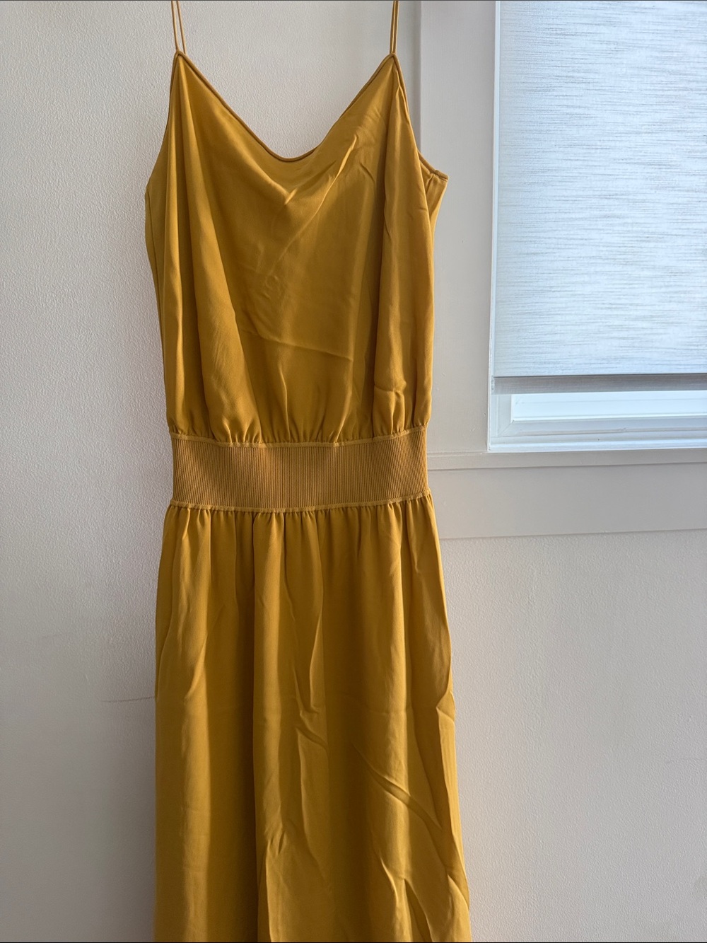 Theory Mustard Slip Maxi Dress with Smocked Waist